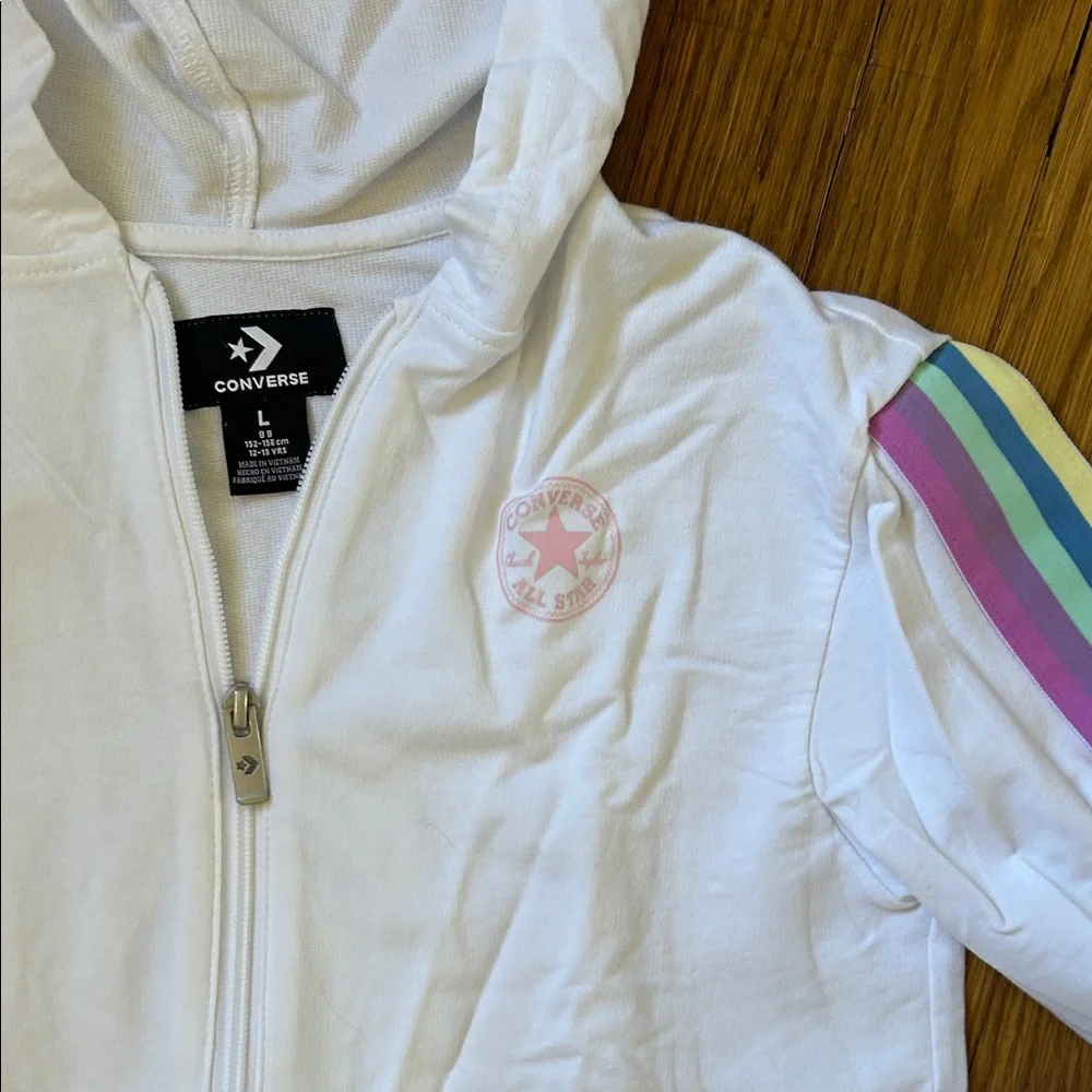 Converse White Girls' Hooded Zip Jacket with Pastel Rainbow Sleeve Stripes
